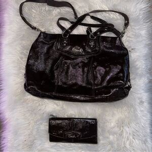 COACH Ashley chocolate patten leather bag, and matching wallet EUC